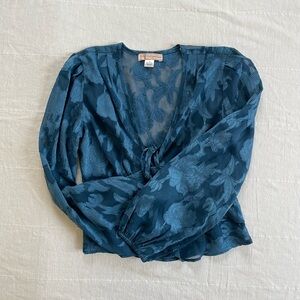 Small women’s lace blue sheer front tie blouse party business summer